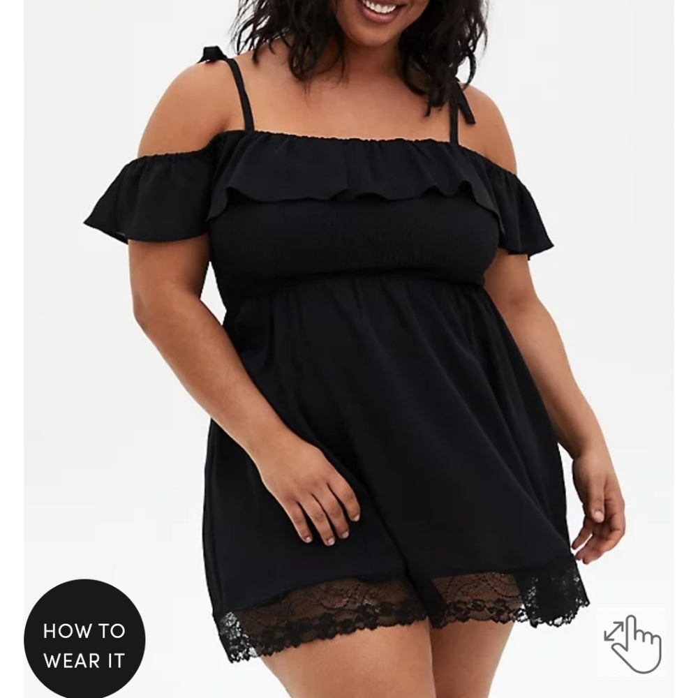 🆕️🩱👙BLACK COLD SHOULDER RUFFLE SWIM COVER-UP WITH LACE HEM👙🩱